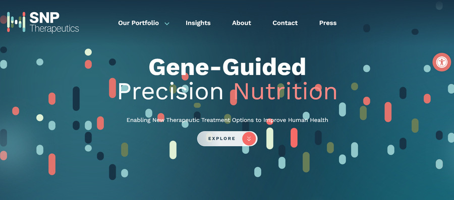 SNP Therapeutic's website with geometric floating shapes in its background